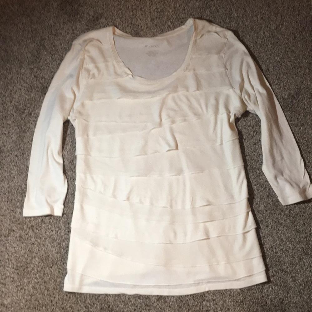 Cream, 3/4 sleeve, ruffle front shirt.